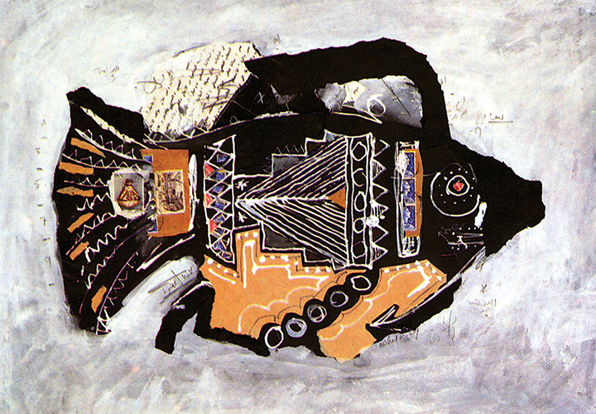 POISSON VOYAGEUR, dessin collage,1989